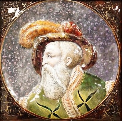 Alfred Boilot (1814-1898), A profile portrait of a bearded nobleman, enamels on copper, framed, 20cm square